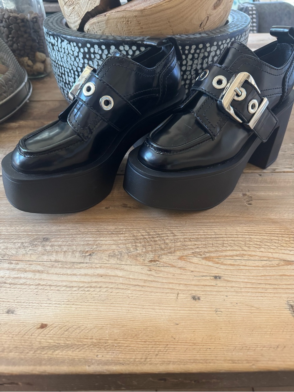 Larroude Black Patent Platform Loafers with Silver Eyelets